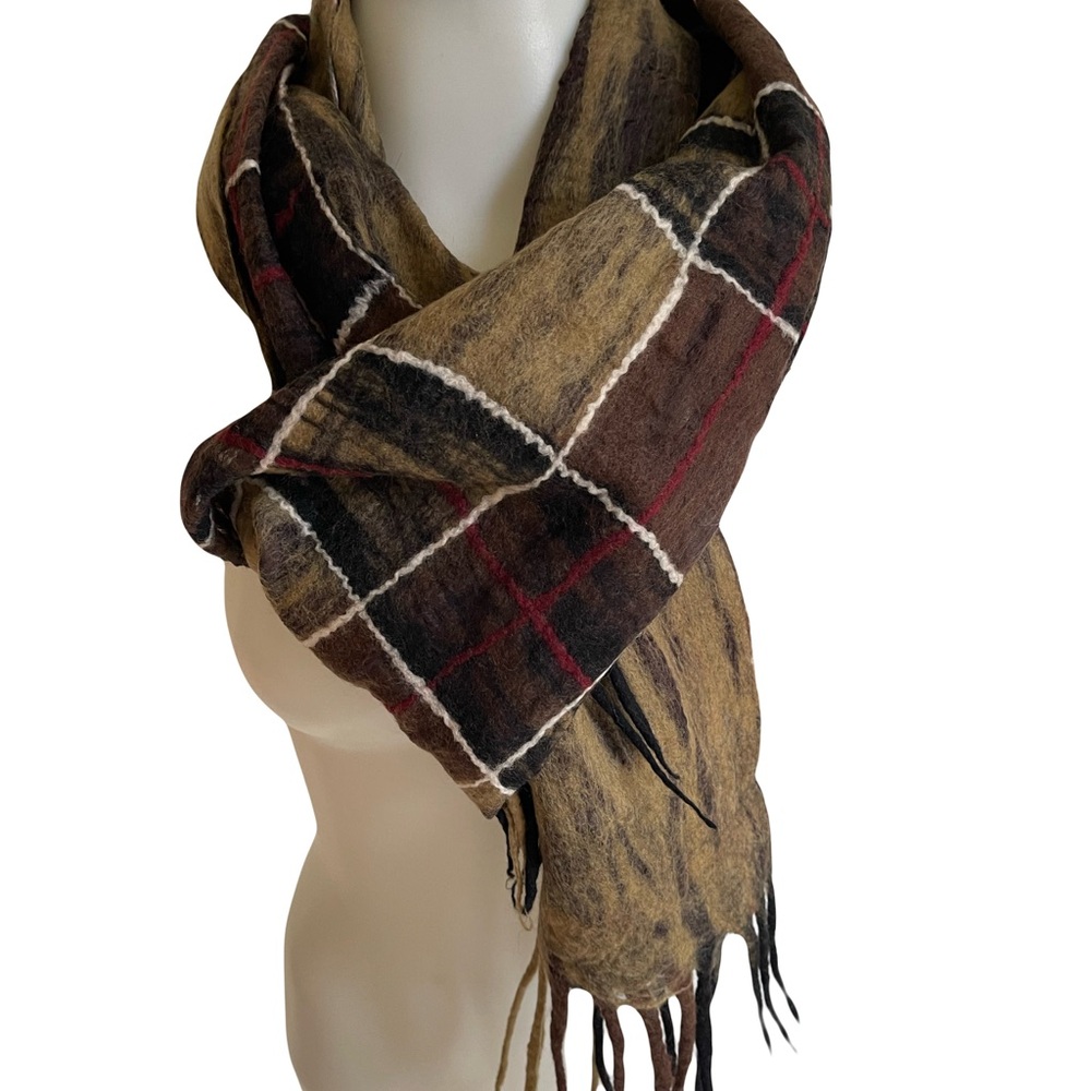 Nuno Felted Merino Wool Plaid Scarf in Brown, Tan and Red Accents
